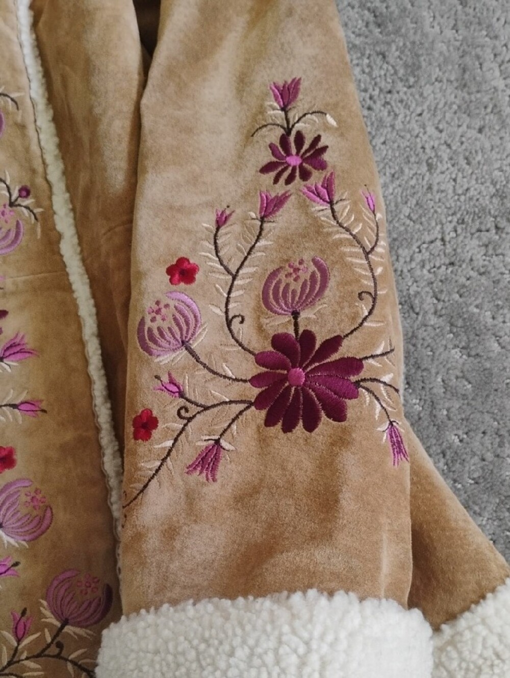 St. John's Bay Tan Suede Jacket with Cream Shearling & Pink Floral Embroidery - Picture 5 of 13